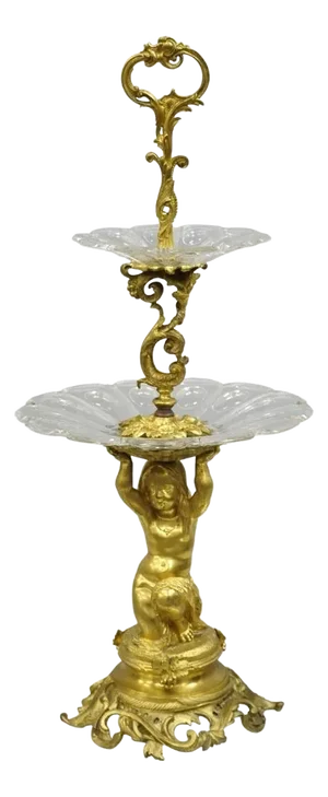 Early 20th Century French Baroque Louis XV Gold Gilt Bronze Cherub & Glass 2-Tier Candy Dish Stand