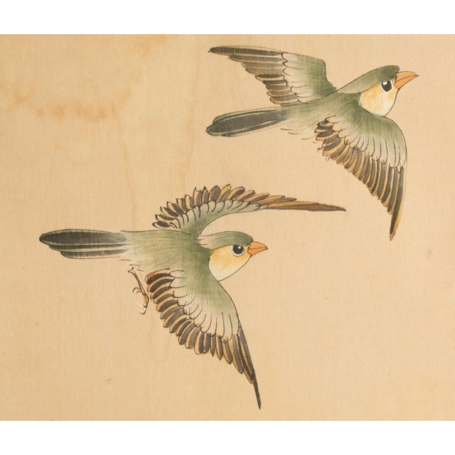 Vintage Chinese watercolor scroll painting depicting two little birds. Very detailed. Watercolor and ink on silk over...