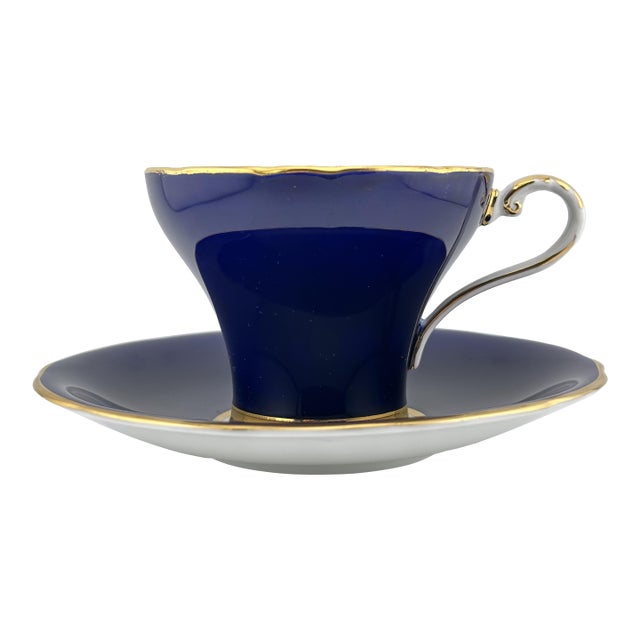 Aynsley Cobalt Blue Teacup and Saucer, Corset Shape W/ Cabbage Rose - 1930s For Sale