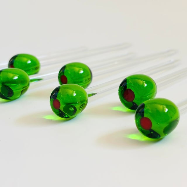 Glass Olive Drink Stirrers - Set of 7 For Sale - Image 4 of 6