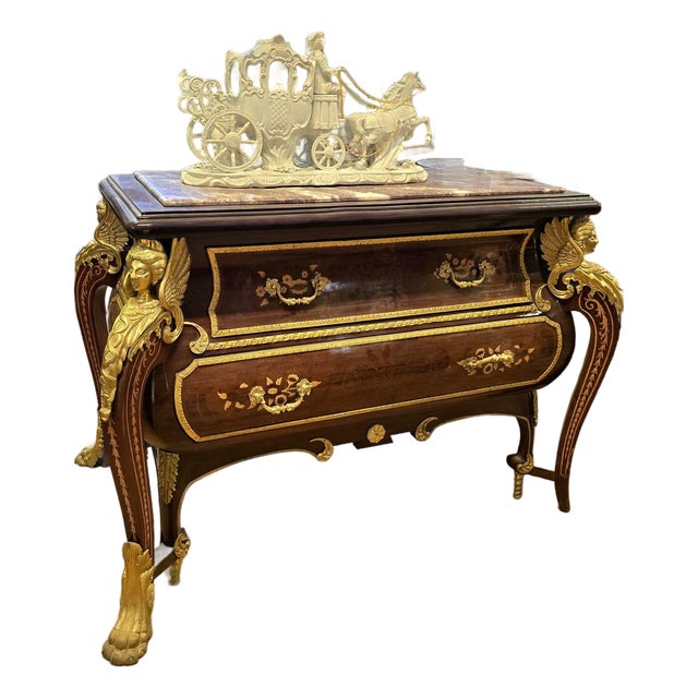 Grand French Empire Commode With Marble Top, Floral Marquetry & Sculptural Gilt Bronze Details For Sale