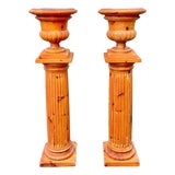 Pair Antique English Pine Pedestals With Zinc-Lined Urn Planters For Sale