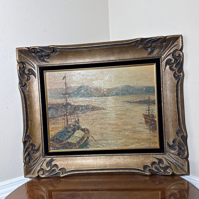 Wood Vintage Oil Seascape Italian Painting Framed Signed For Sale - Image 7 of 10