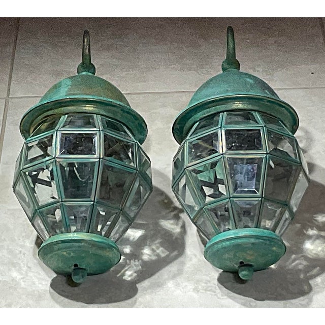 Verdigris Funky Vintage Pair of Solid Brass Verdigris Wall Lanterns - 14”h X 7” W X 8”.5 D For Sale - Image 8 of 17