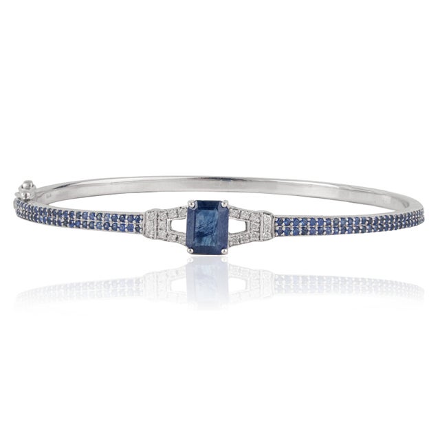 Art Deco Art Deco Geometric 3.12 Ct Blue Sapphire & Diamond Bangle Bracelet, Christmas Gift For Sale - Image 3 of 12