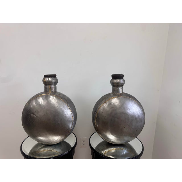 Indian Pair of Large Vintage Indian Tin and Brass Water Vessels With Wooden Cork Stoppers For Sale - Image 3 of 11