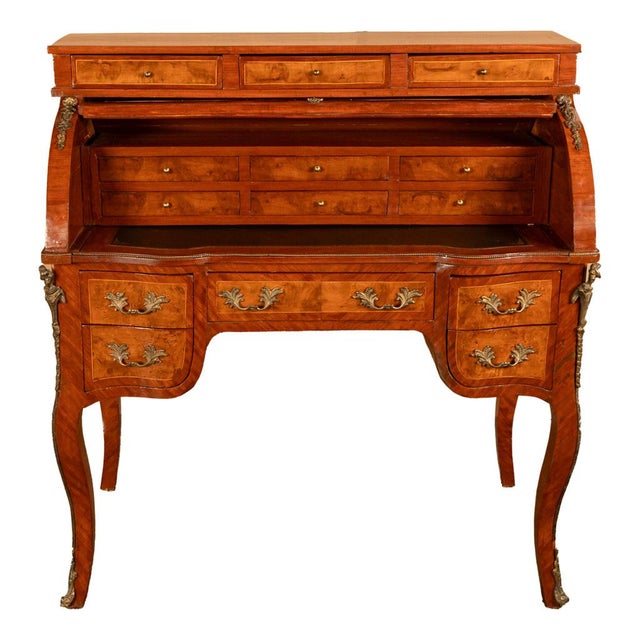 Late 19th Century Antique French Louis XV Cylinder Marquetry & Ormolu Bureau Writing Desk 1880 For Sale - Image 5 of 17