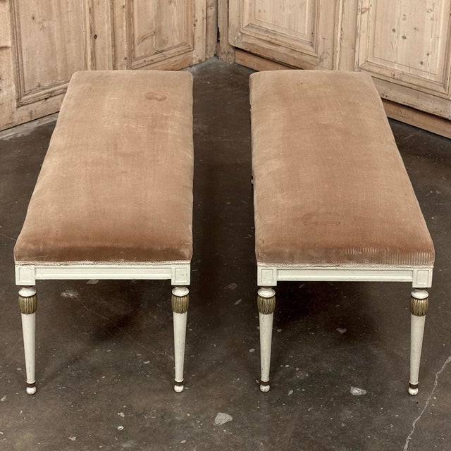 Pair of Antique French Louis XVI Neoclassical Painted and Parcel Gilt Benches For Sale - Image 12 of 18