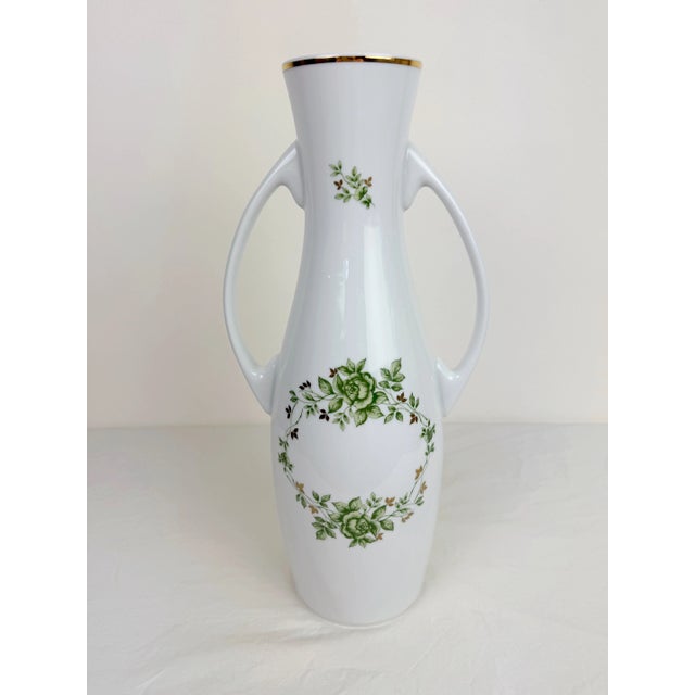 1950s Hollohaza Hungary Erika Green Floral Handled Porcelain Vase For Sale - Image 9 of 11