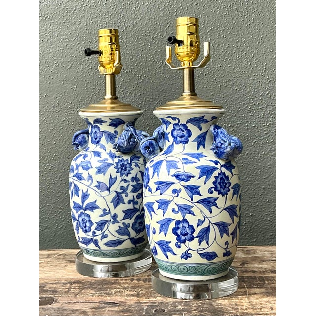 Vintage Asian Blue and White Floral Ceramic Lamps - A Pair For Sale In West Palm - Image 6 of 12