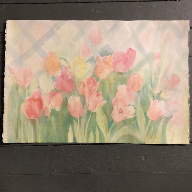 Original Vintage Watercolor Still Life Painting Tulips For Sale - Image 4 of 4
