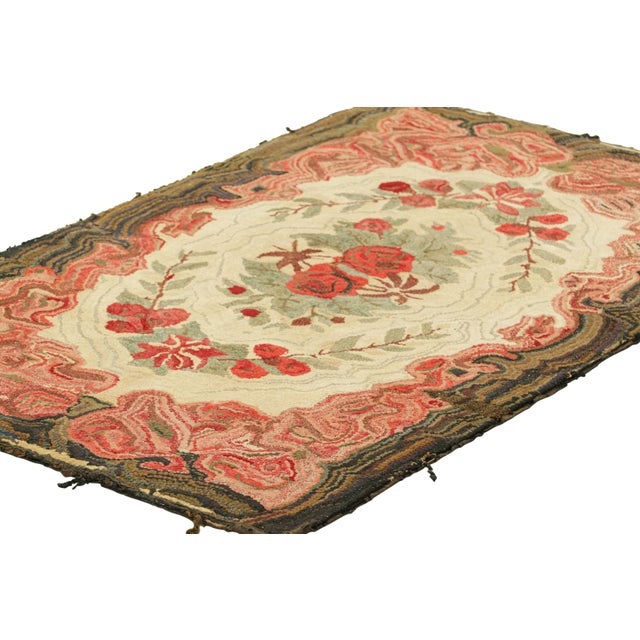 1920s Antique Hooked Rug in Cream & Pink With Colorful Floral Medallion | Rug & Kilim For Sale - Image 5 of 8