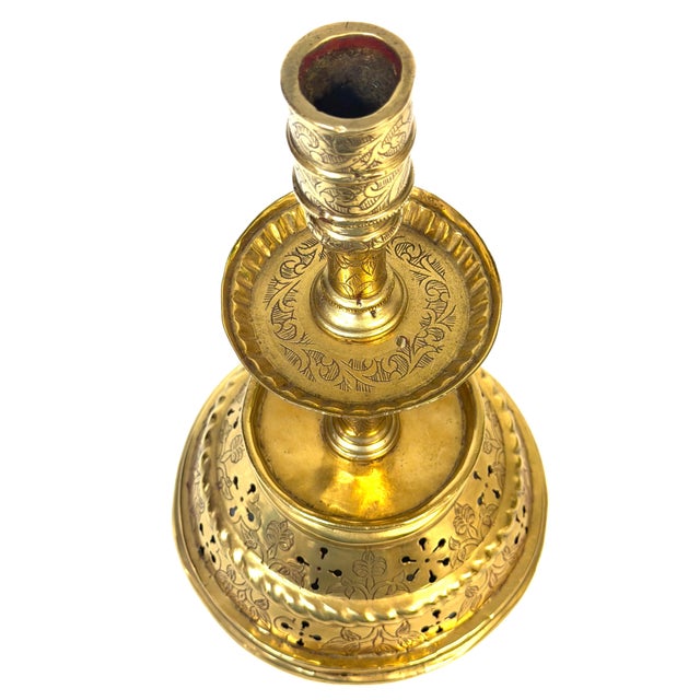 Large Dutch Baroque Engraved & Pierced Brass Chamber Candlestick Ventilated Base For Sale - Image 4 of 18