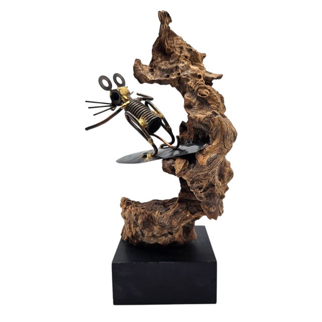 Brutalist Vintage Brutalist Metal Mouse Surfer Sculpture on Drift Wood — 10.5" For Sale - Image 3 of 8