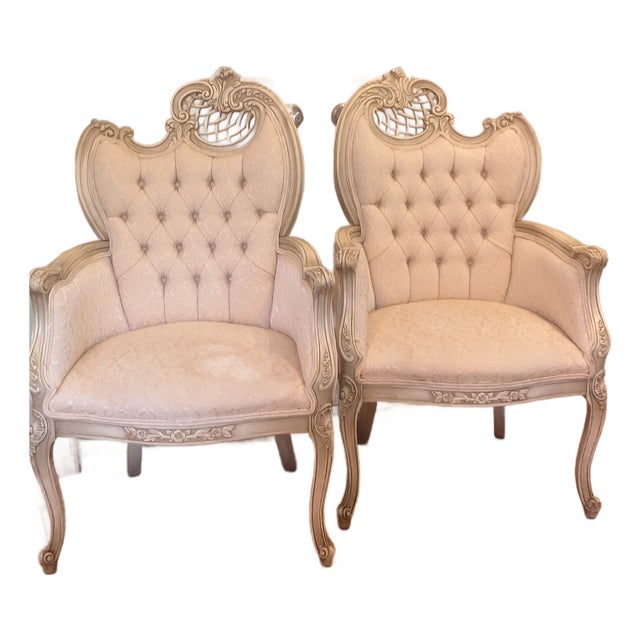 1940s Vintage Italian Style Carved Upholstered Arm Chairs With Tufted Backs - Set of 2 For Sale