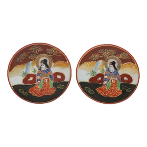 Satsuma Style Geisha Hand Painted Japanese Small Trinket Plates - A Pair