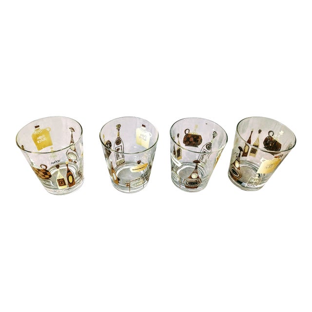 Mid Century Set of 4 Tumblers With Illustration in Gold For Sale
