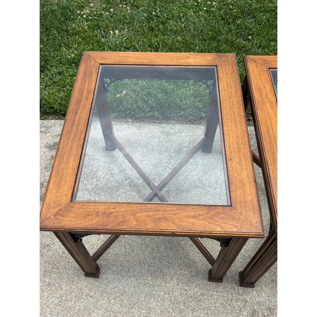 Baker Furniture Company 1970s Pair Glass Top Side Tables With Fretwork For Sale - Image 4 of 10