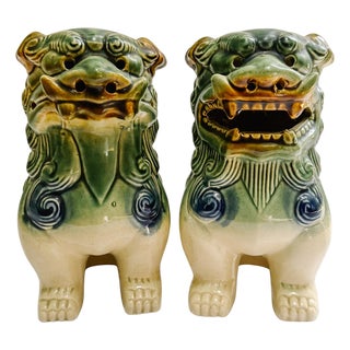 Late 20th Century Pair of Green & Blue Glazed Ceramic Foo Dog Figurines For Sale