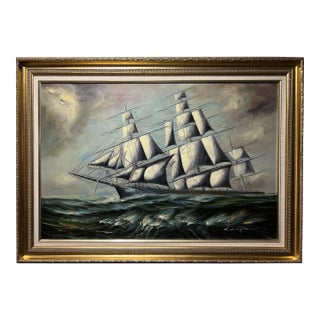 Listed Artist Renato Longanesi Large Italian Oil Painting Tall Ship Seascape For Sale