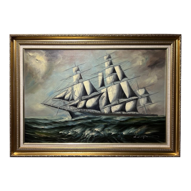 Listed Artist Renato Longanesi Large Italian Oil Painting Tall Ship Seascape For Sale