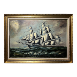 Listed Artist Renato Longanesi Large Italian Oil Painting Tall Ship Seascape