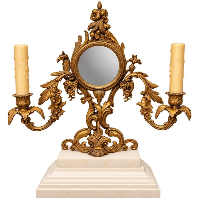 Rococo Pair of Rococo-Style Brass Two-Light Candelabra With Miniature Mirrors For Sale - Image 3 of 3