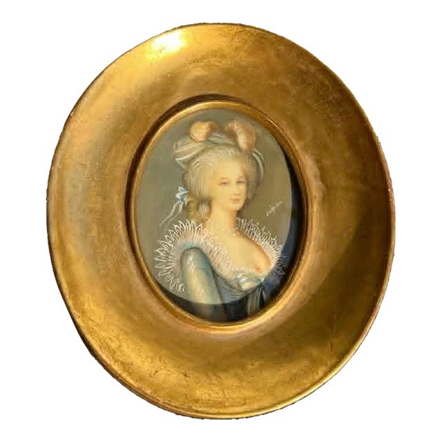 Italian Miniature Oval Gilded Wooden Framed Antique Signed Painting Portrait of Marie Antoinette or a Royal Lady For Sale