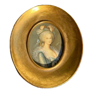 Italian Miniature Oval Gilded Wooden Framed Antique Signed Painting Portrait of Marie Antoinette or a Royal Lady