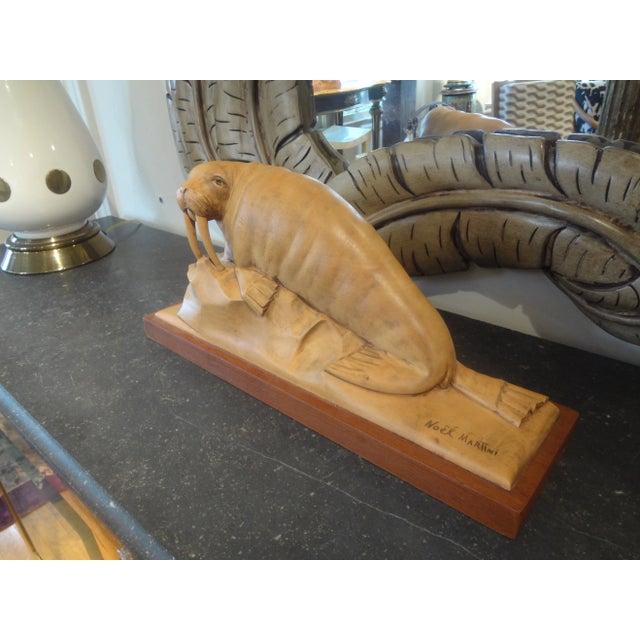French Art Deco Carved Wood Walrus Sculpture, Signed Martini For Sale In Houston - Image 6 of 11