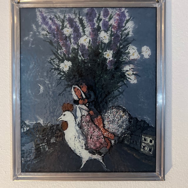 1960s Window Panel Stained Glass by Boston Glass Masters Marc Shagall Wedding Couple Riding White Rooster, Framed For Sale - Image 4 of 9