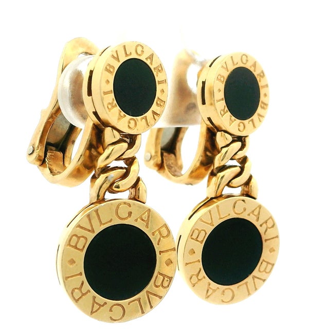 Bulgari 1990s Pair of Bulgari Bvlgari 18k Gold Black Onyx Drop Clip Earrings For Sale - Image 4 of 14