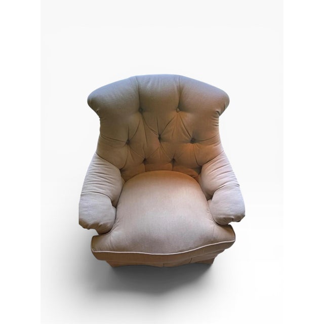 2000 - 2009 Tufted Swivel Club Chair in Taupe Denim-Style Fabric For Sale - Image 5 of 11