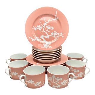 Vintage Pink Fitz and Floyd “Plum Blossom” Dessert and Coffee Service for Six - 18 pcs For Sale