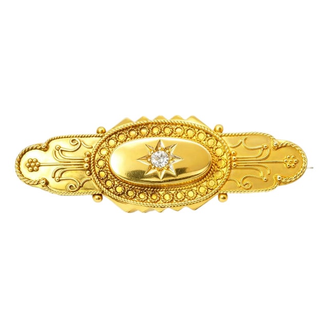 15K Yellow Gold Diamond Antique Bar Pin Brooch For Sale