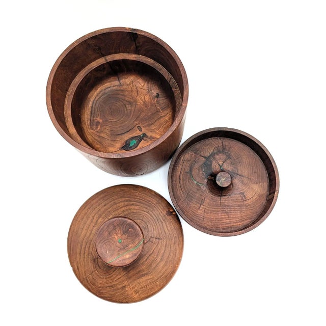 Late 20th Century Joe P Heil Carved and Lathed Mesquite Wood and Malachite Inlay Treenware Lidded Vessel For Sale - Image 9 of 12