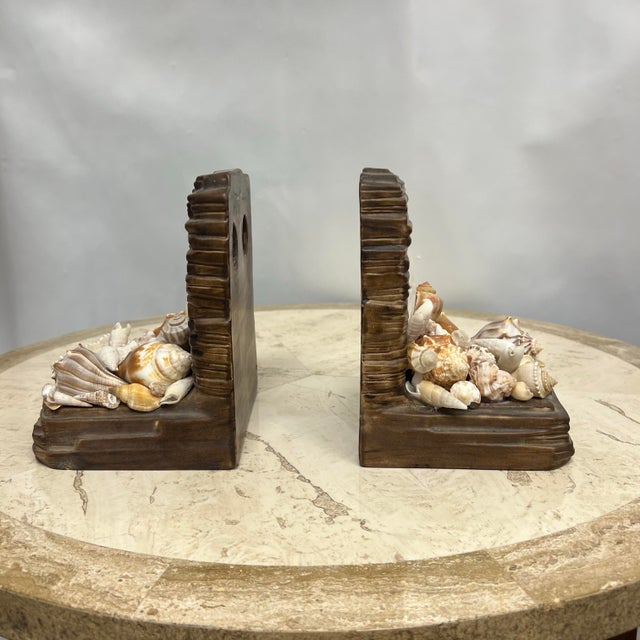 Folk Art 1960’s Faux Bois Ceramic and Shell Encrusted Bookends or Wall Brackets, Signed - a Pair For Sale - Image 3 of 12
