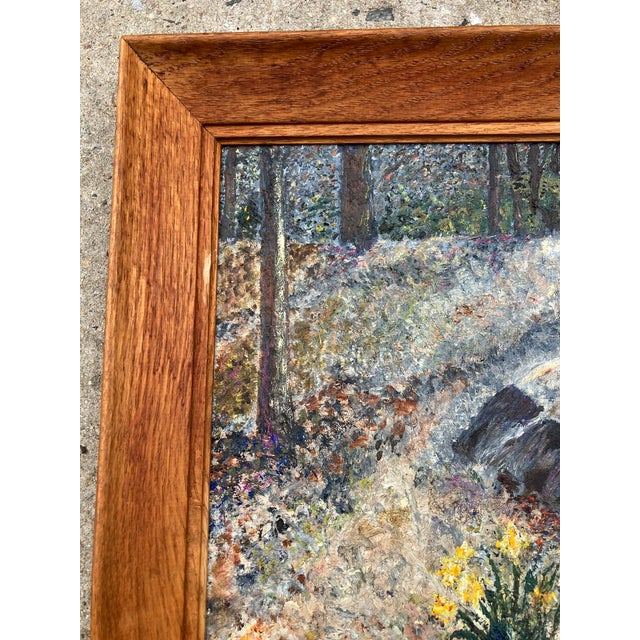 1970’s Original Naive Impressionist Landscape Painting by Pat Shoemaker Vintage Oak Frame For Sale - Image 4 of 5