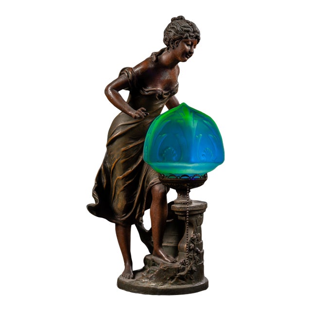 1910s Art Nouveau Figural Lamp With Uranium Glass Shade by Anglade For Sale
