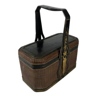 Chinese Black and Gold Bamboo Basket With Guanyin Giver of Children and Dated 1927 For Sale