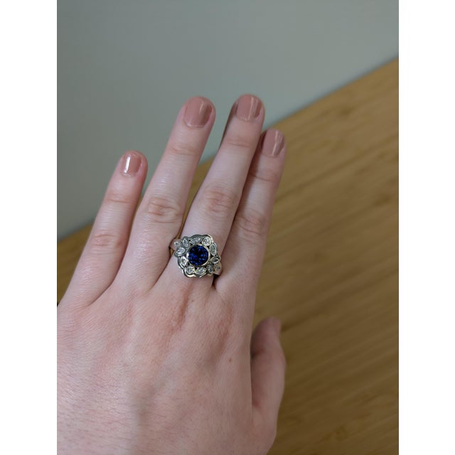 Art Deco Vintage Inspired 2cts Ceylon Sapphire Ring W Natural Diamonds in 14k Solid Gold, Size 6.75 For Sale - Image 3 of 10