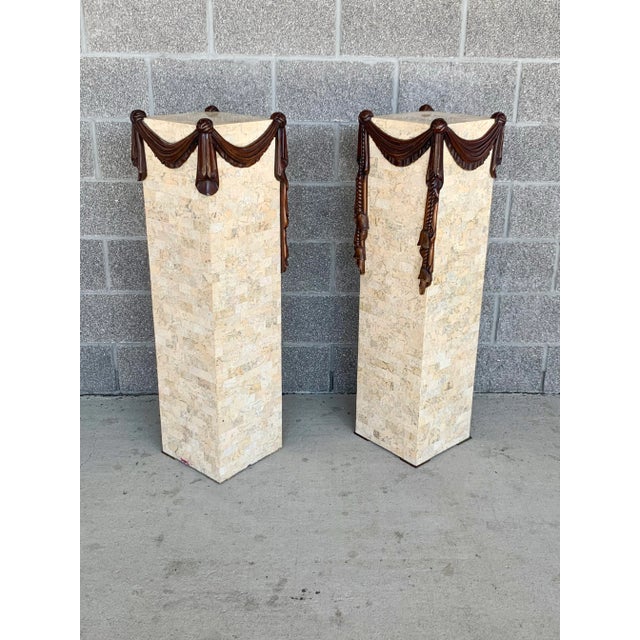 Antique White Vintage Maitland Smith Tessellated Stone and Wooden Columns-A Pair For Sale - Image 8 of 12