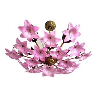 1980s Italian Style Pink Floral Crystal Flush Mount Chandelier, 3-Light For Sale