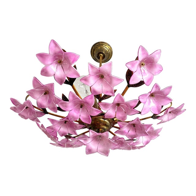 1980s Italian Style Pink Floral Crystal Flush Mount Chandelier, 3-Light For Sale