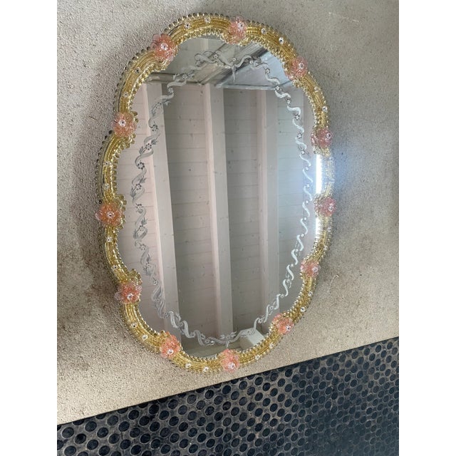 Glass Venetian Oval Gold and Pink Floreal Hand-Carving Mirror in Murano Glass For Sale - Image 7 of 8