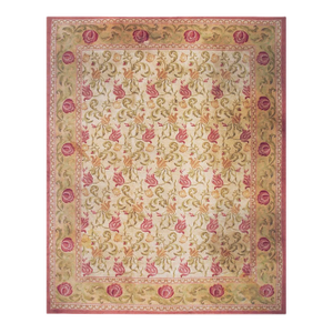 Special Rose Border Color in a Beige Background Floral Design Antique Spanish Cuenca Rug