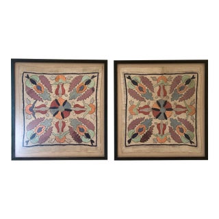 Pair Antique Framed Art’s & Crafts Hand-Embroidered Floral Motif Textiles For Sale