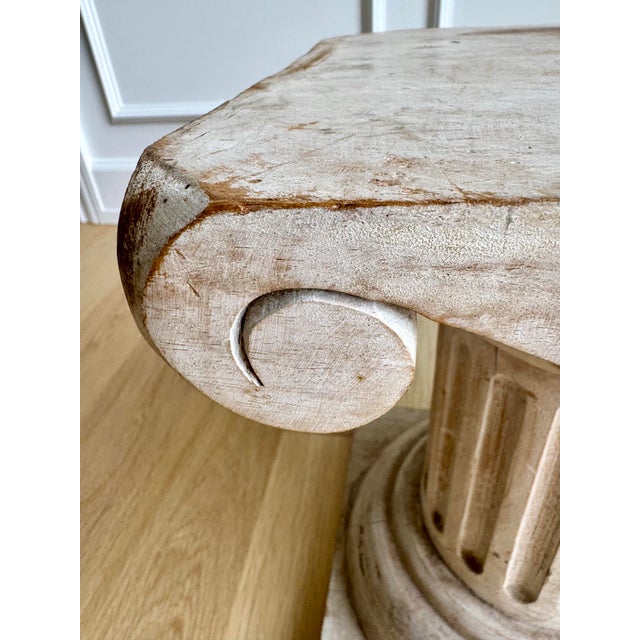 Almond Pair of Vintage Sculptural Carved Wood Ionic Column Side Tables / Architectural Pedestals For Sale - Image 8 of 12