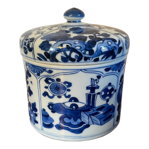 Antique Kangxi Period Blue & White Porcelain Covered Jar Decorated With Precious Objects