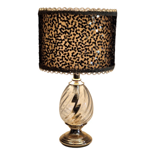 Vintage Table Lamp with Twisted Crystal Glass Base in Brass Mounting and Sequined Shade from Lamplove, 1980s For Sale